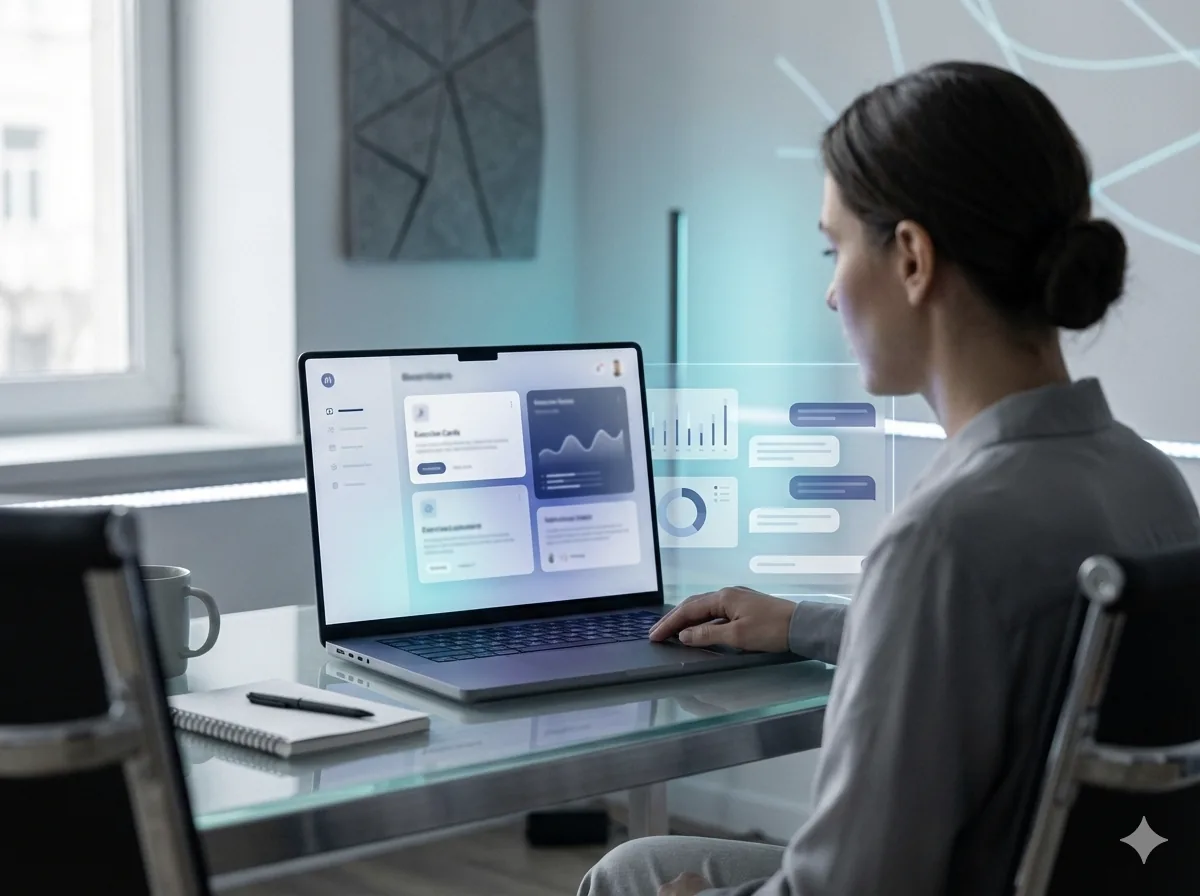 Participant suivant une formation IA en visioconférence sur laptop